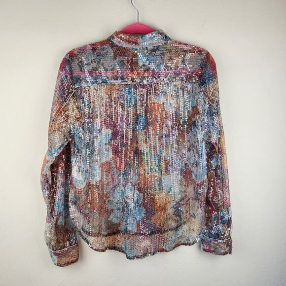 NWOT Anthropologie Pilcro Multicolored Floral Sequin Button Up Shirt Top sz S - Picture 2 of 12